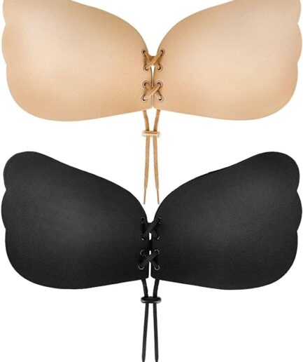 Sticky Bra, Backless Strapless Bra Push Up, Adhesive Invisible Lift Up Bras 2 Pairs Black/Beige