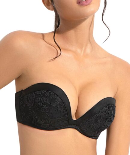 Push Up Strapless Bra with Clear Straps Covertible Plunge Lace Padded Add 2 Cups Low Cut Underwire Bras for Women