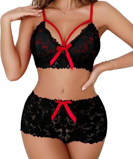 Sexy Strappy High Waist Floral Lace Pajamas Lingerie Set Outfits