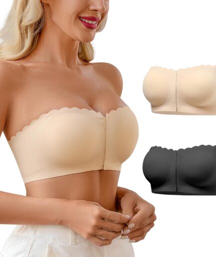 Wireless Strapless Bras for Women Front Closure Non-Slip Padded Bandeau Bralette Comfort Wavy Edge Tube Top Bra