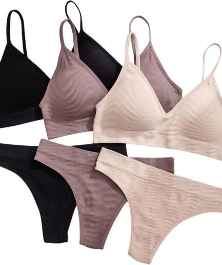 Women 6 Piece Ribbed Knit Lingerie Sets Seamless Wireless No Show Bra and Panty Thong Sets Matching Underwear Sets