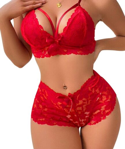 Sexy Strappy High Waist Floral Lace Pajamas Lingerie Set Outfits