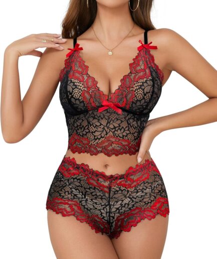 Sexy Women Lace Pajamas Lingerie Set High Waist Sheer Sleepwear Bow Ties Cami Shorts Bra and Panty