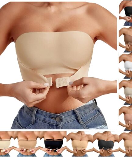 Strapless Bras for Women Push Up Non-Slip Bandeau Front Closure Gathering No Underwire Bottom Hem Comfort Tube Tops