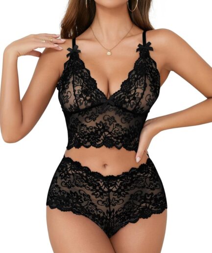 Sexy Women Lace Nightgown Lingerie Set High Waist Transparent Nightgown Bowknot Suspender Shorts Bra and Panties