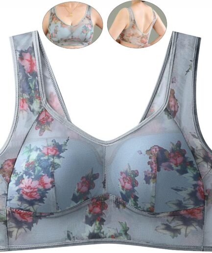 Floral Bras for Older Women Breathable Mesh T-Shirt No Wire Bra for Women Soft Plus Size Comfortable Bra