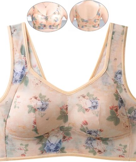 Floral Bras for Older Women Breathable Mesh T-Shirt No Wire Bra for Women Soft Plus Size Comfortable Bra