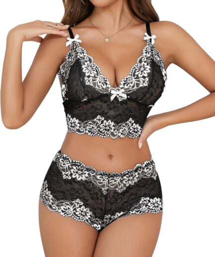 Sexy Women Lace Pajamas Lingerie Set High Waist Sheer Sleepwear Bow Ties Cami Shorts Bra and Panty