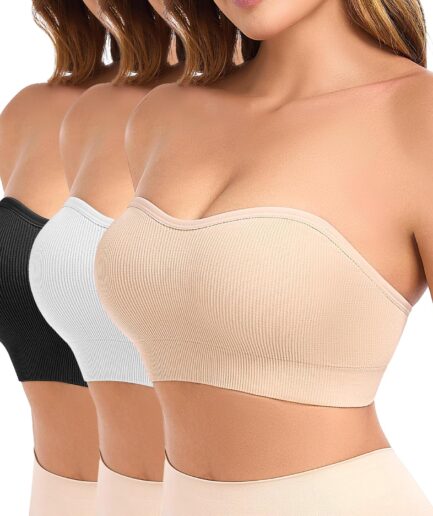 Strapless Bras for Women Non-Slip Padded Bandeau Bra Wireless Tube Top Bra Including Clear Straps